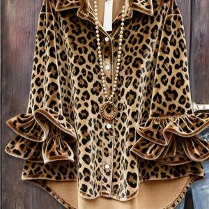Leopard Print Velvet Blouse with Ruffled Sleeves